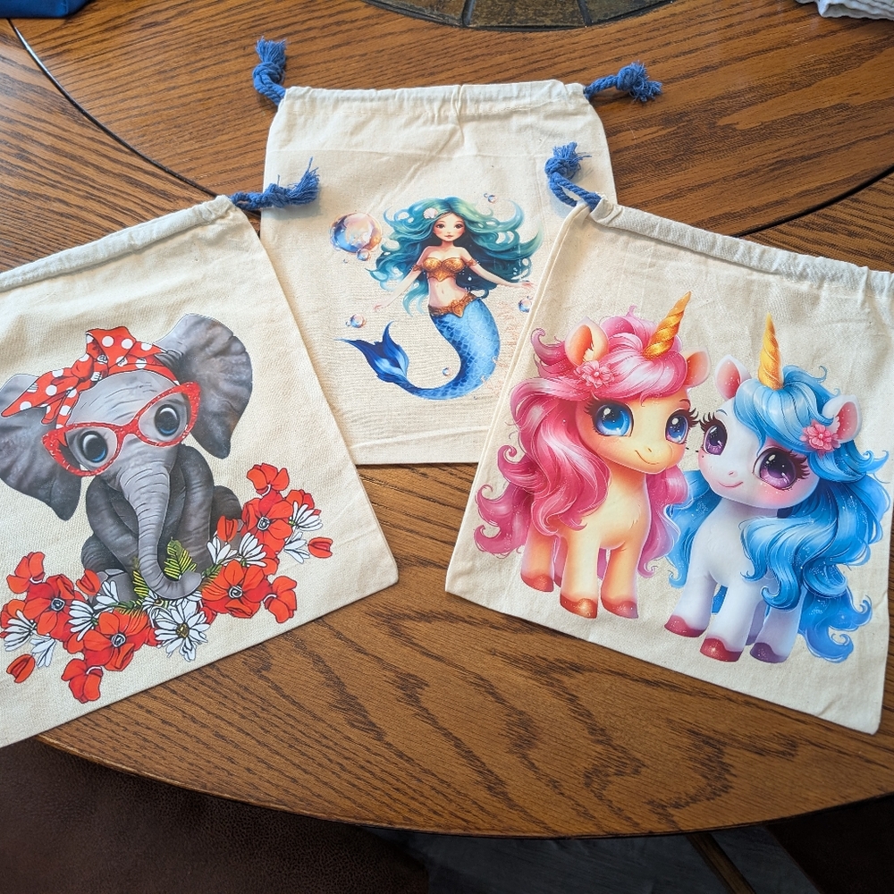 All 3 Cute Animal and Fantasy Character Drawstring Bags